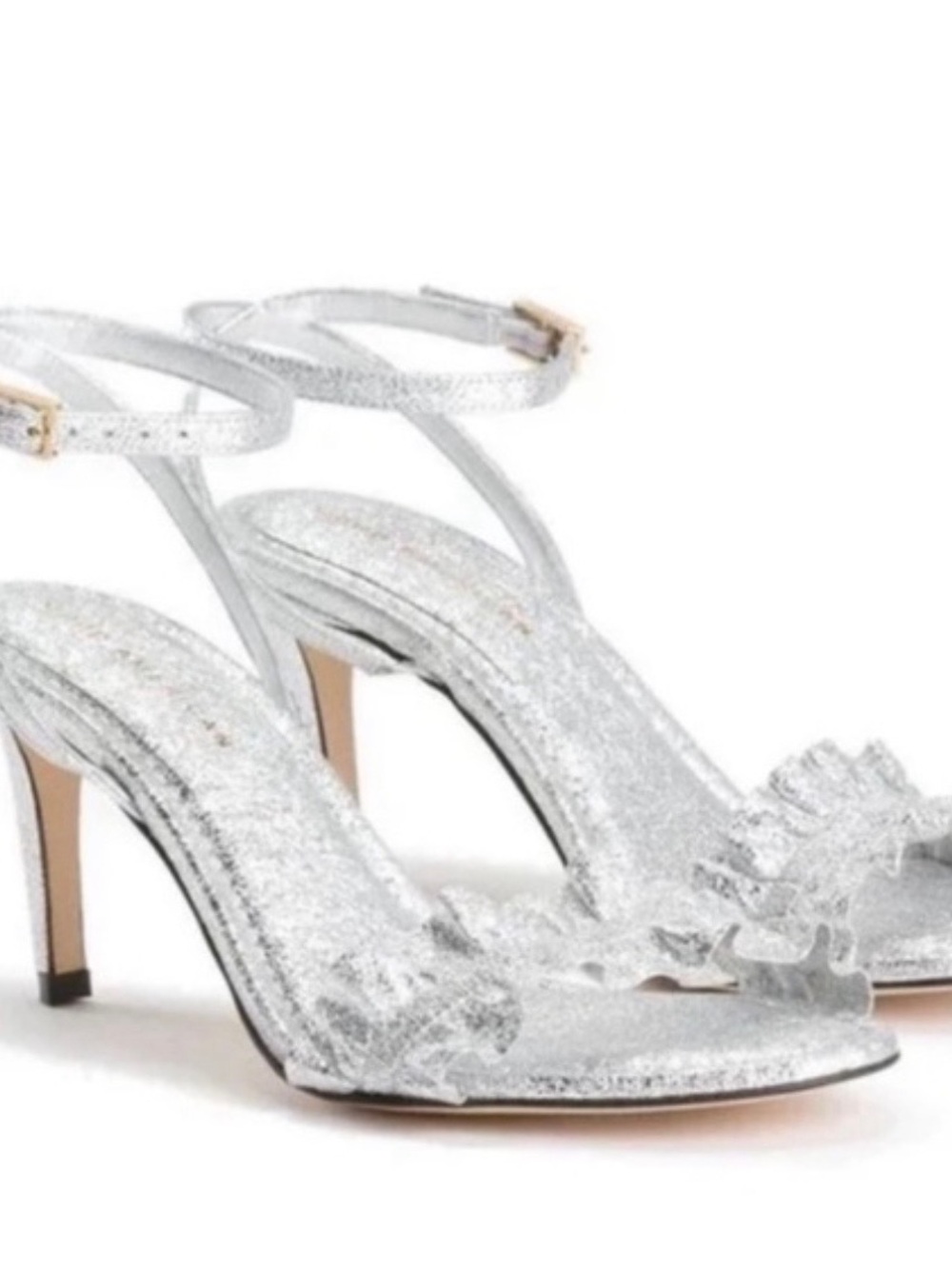 Good American Silver Glitter Ruffle Ankle-Strap Heels